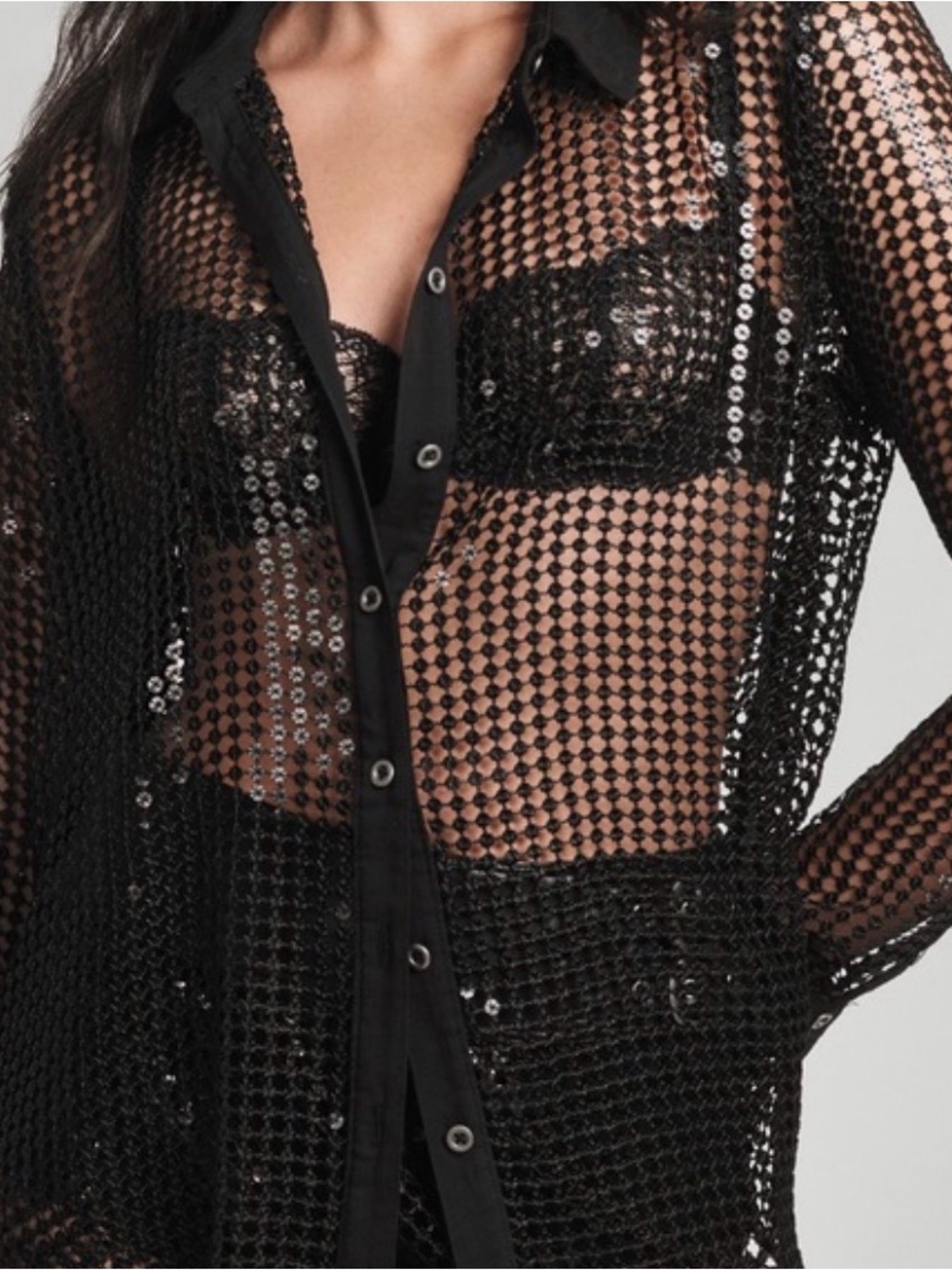 pilcro fishnet Sheer Black Sequin  Mesh Button-Up Shirt
